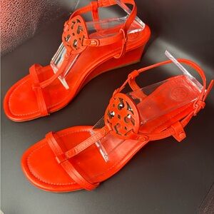 Tory Burch Vibrant Red Orange Wedge Sandals